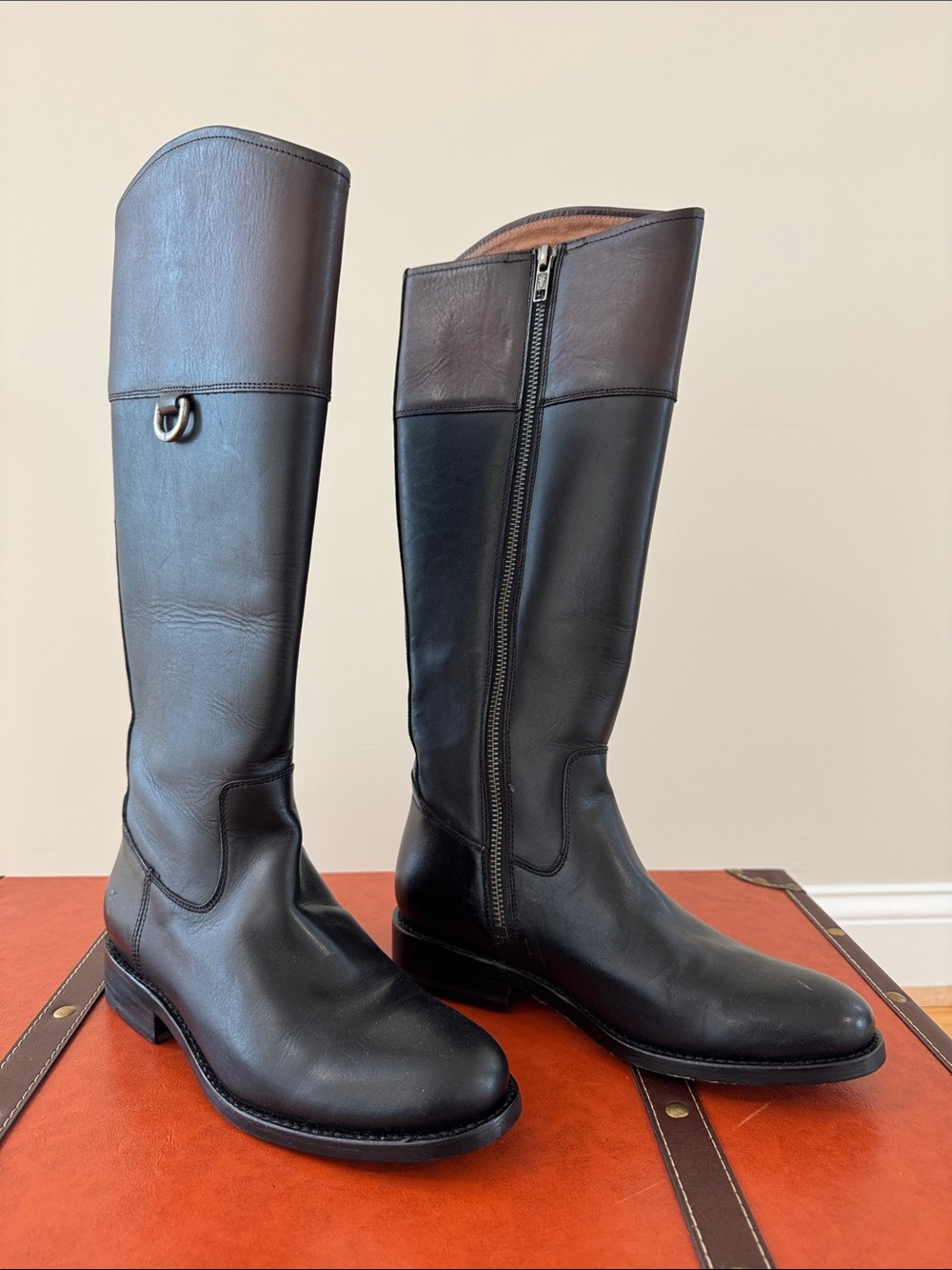 Frye Two-Tone Tall Leather Riding Boots - Black and Brown